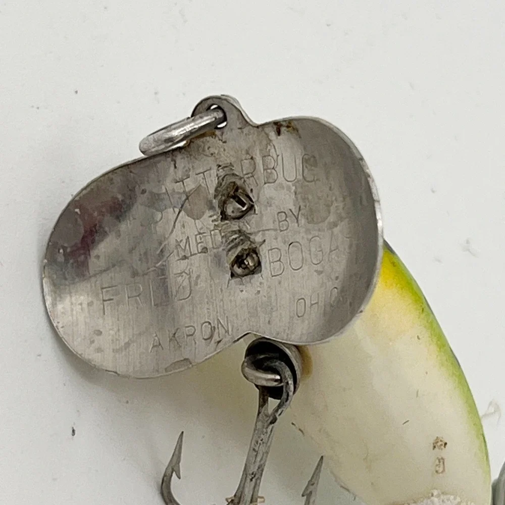 2 Vintage Fred Arbogast Jitterbug Fishing Lures Frog Pattern Topwater Bass Akron